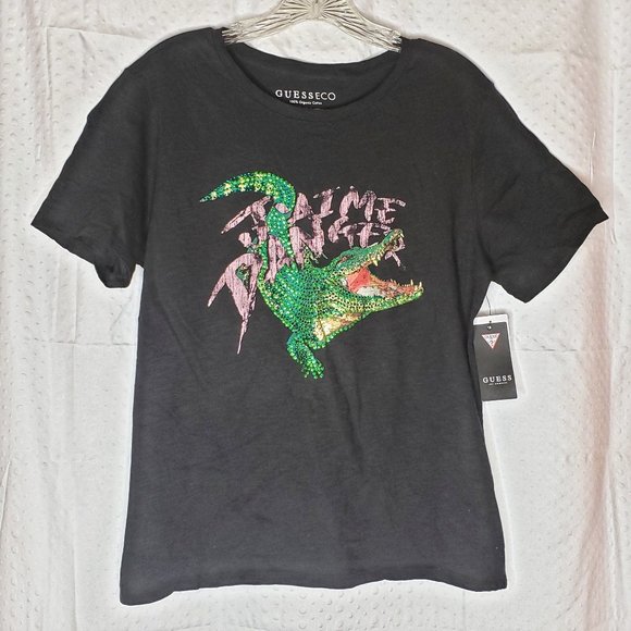 Guess Black Rhinestone Alligator Graphic Tee New - Picture 1 of 5